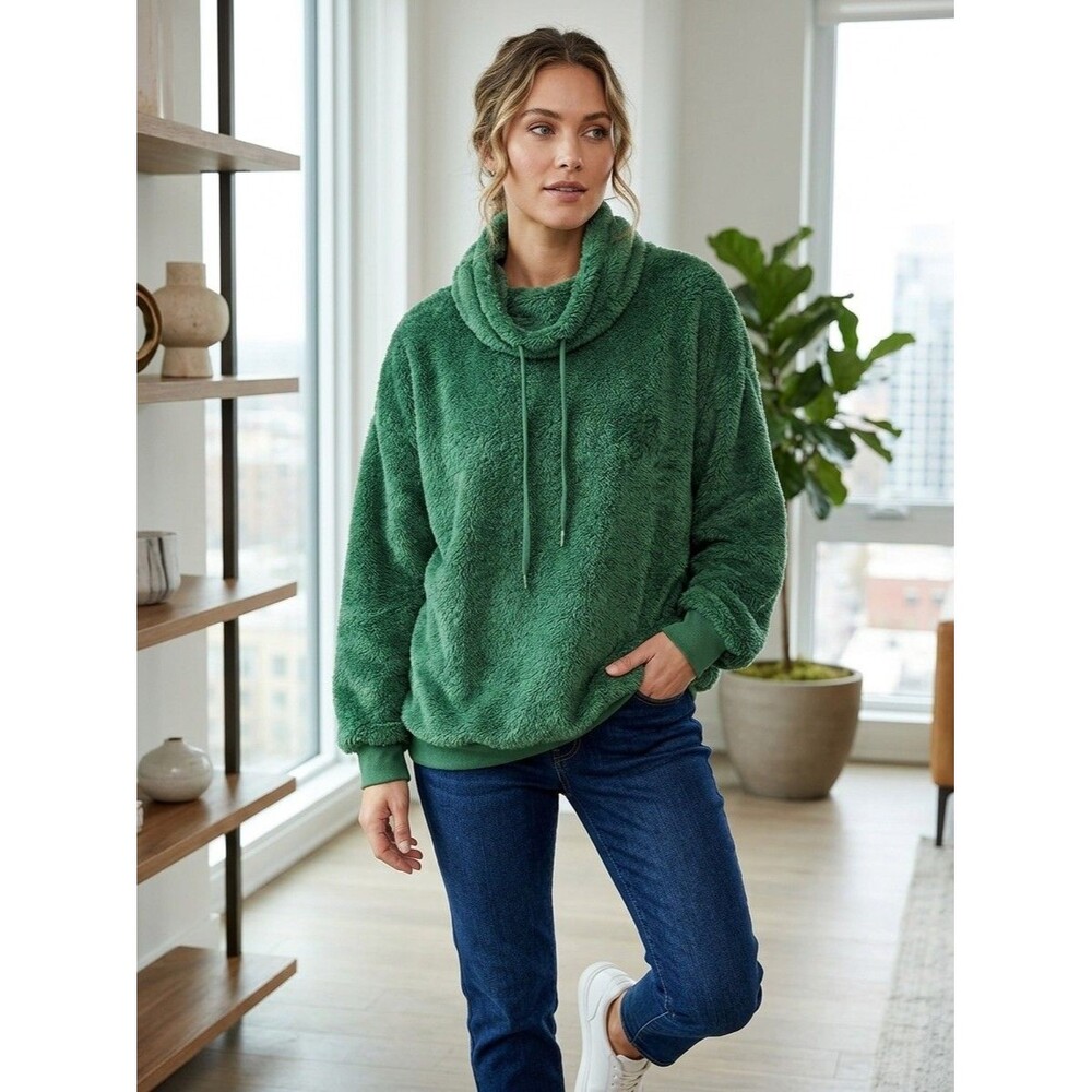 Harlow & Rose Fleece Sweatshirt Women's 2X Emerald Green Cowl Neck Ribbed Hem